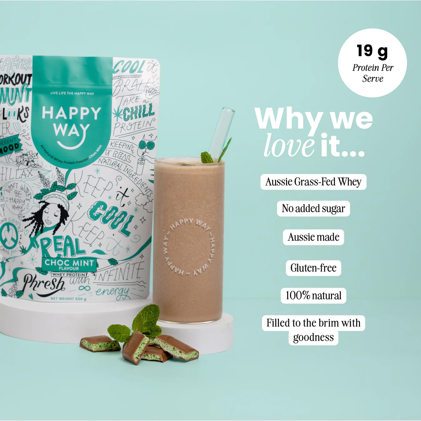 Happy Way Choc Mint Whey Protein Powder 500g
